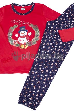 Дамска Коледна пижама -пениран интерлог - Снежко- червено 144